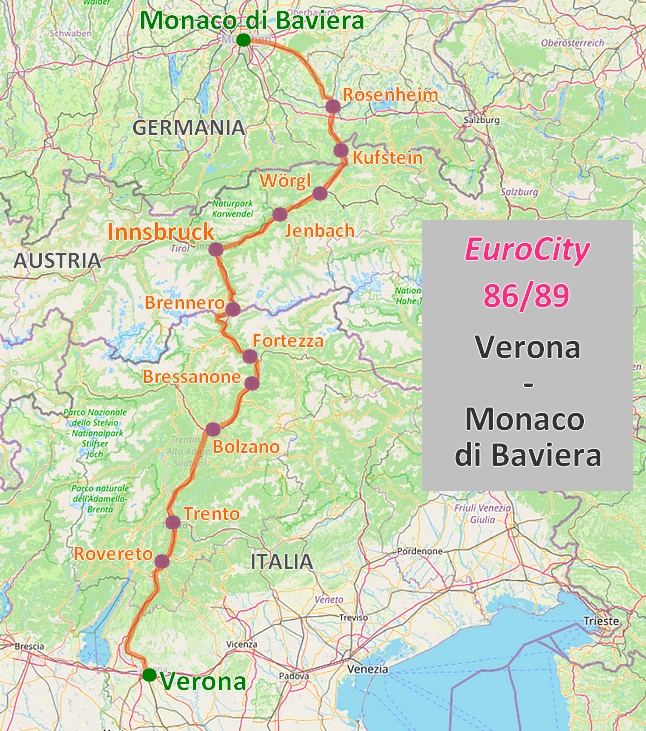Mappa EuroCity 86/89 Verona - Monaco di Baviera