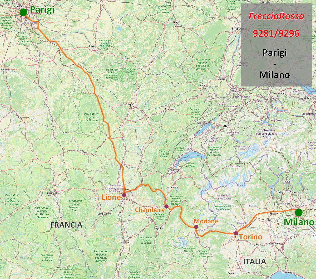 Mappa Frecciarossa 9281/9296 Parigi - Milano