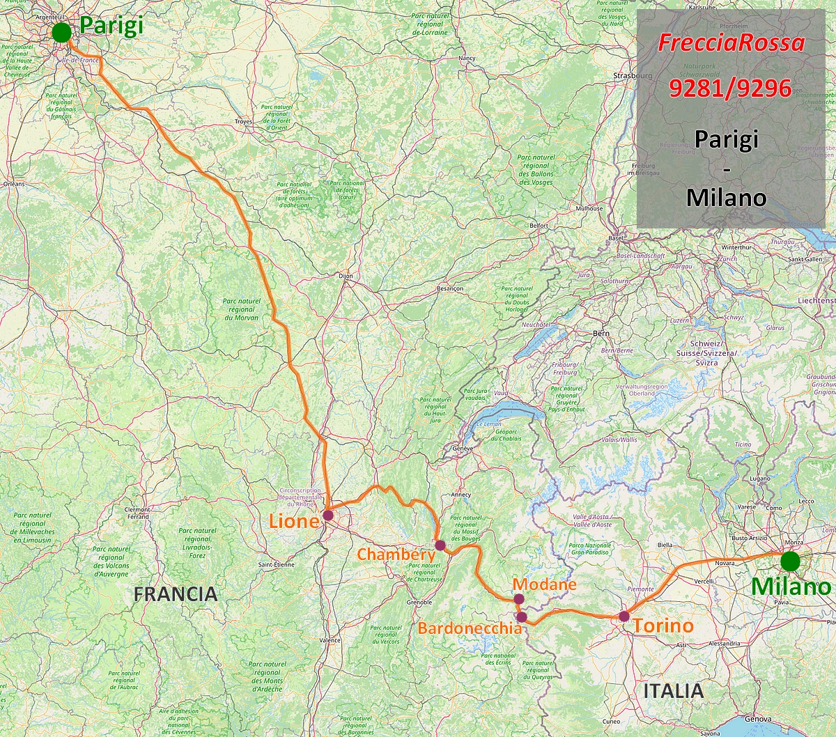 Mappa Frecciarossa 9281/9296 Parigi - Milano