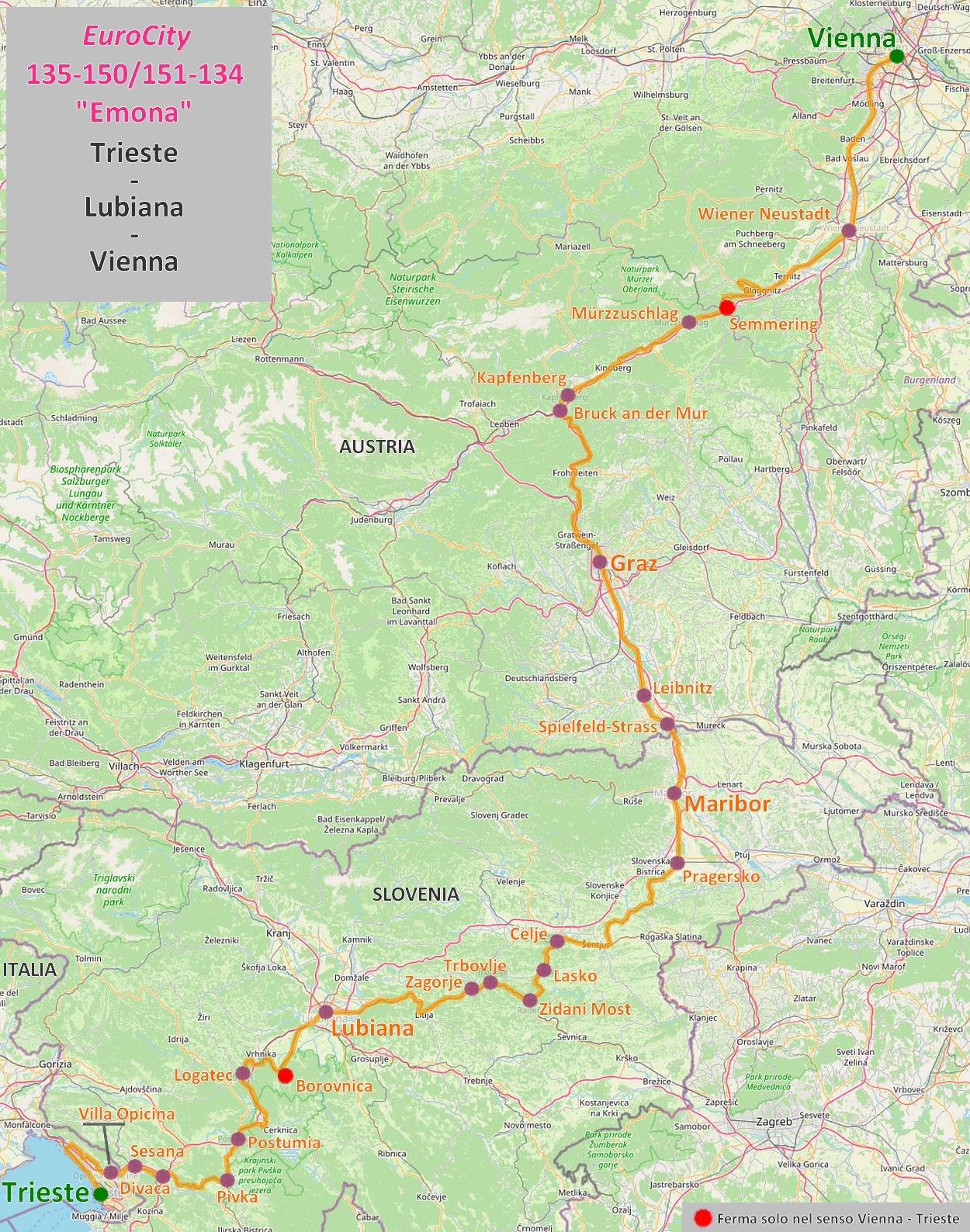 Mappa EuroCity "Emona" Trieste - Lubiana - Vienna